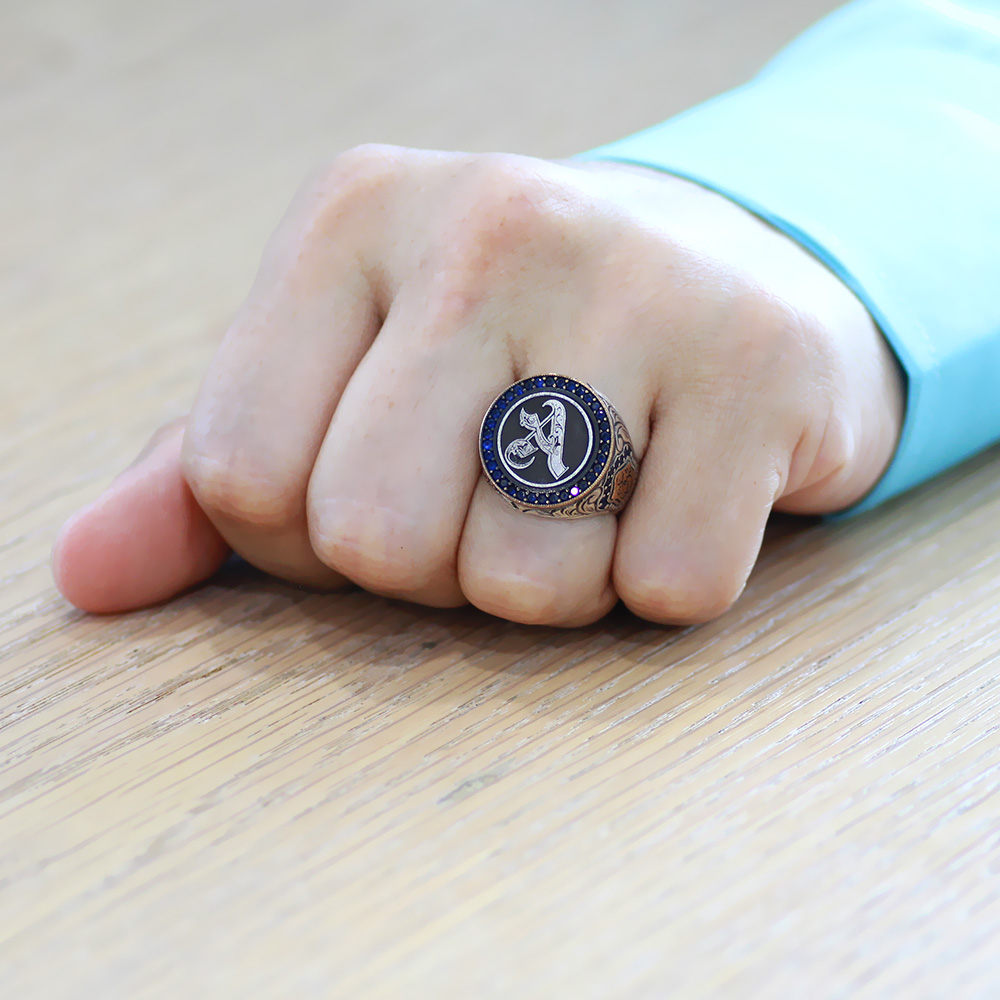 Kenarında Arapça Aşk Yazılı İsme Özel Harf 925 Ayar Gümüş Erkek Yüzük - 2