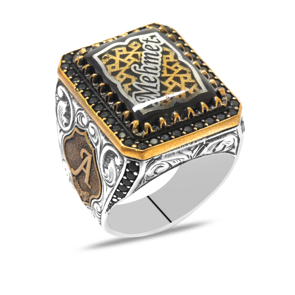 Kenarları Harf Yazılabilir İsme Özel Yazılı Mineli 925 Ayar Gümüş Erkek Yüzük - 3