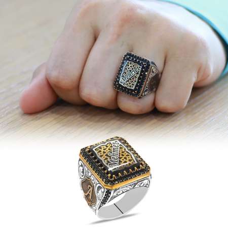 Kenarları Harf Yazılabilir İsme Özel Yazılı Mineli 925 Ayar Gümüş Erkek Yüzük - Tesbihane