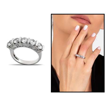 Kenarları Küçük Zirkon Taş Detaylı 925 Ayar Gümüş Kadın Beştaş Yüzük - Tesbihane