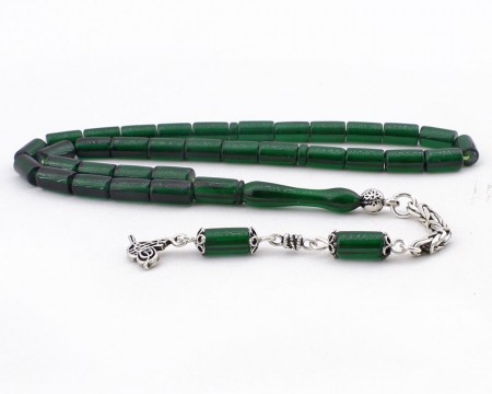 Kesme Model Gümüş Püsküllü Yeşil Sıkma Kehribar Tesbih - Tesbihane