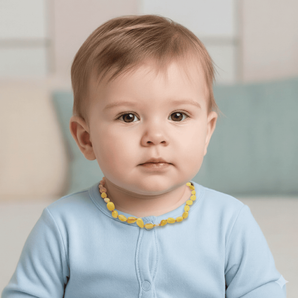 Kınalı Doğal Damla Kehribar Taşlı Bebek Diş Kolyesi - 2