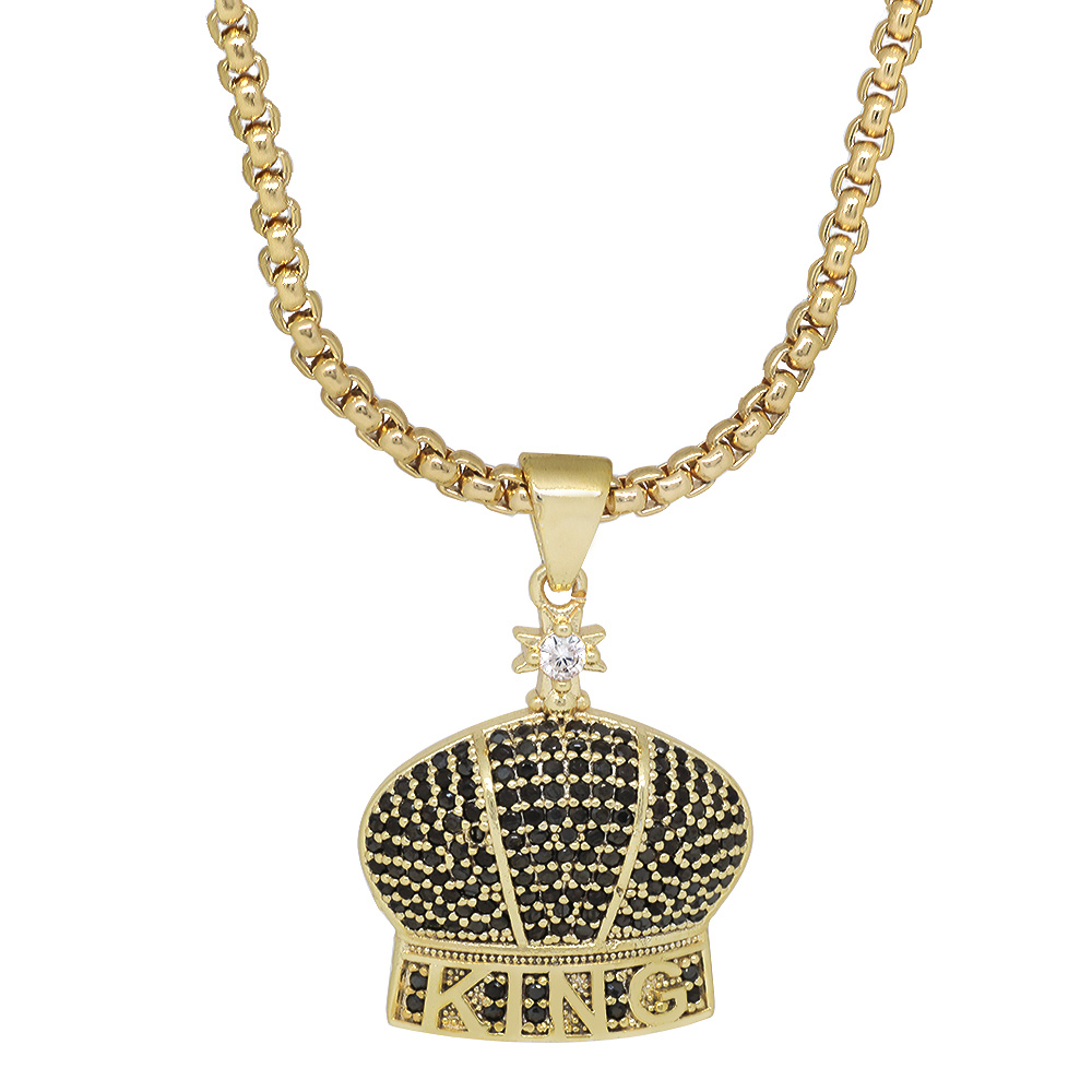 King Tasarım Siyah Zirkon Taşlı Gold Renk Zincir Pirinç Kolye - 3