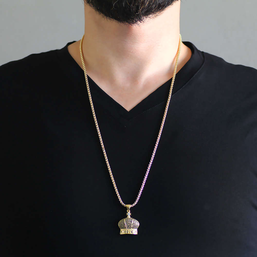 King Tasarım Siyah Zirkon Taşlı Gold Renk Zincir Pirinç Kolye - 2