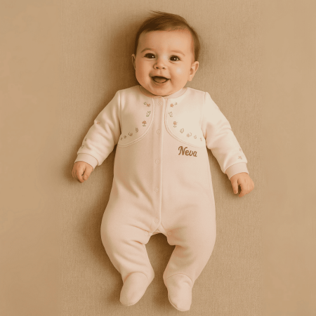 Kır Çiçeği Desenli İsme Özel Nakışlı Pembe Beyaz Bebek Tulumu 0-3 Ay - Tesbihane