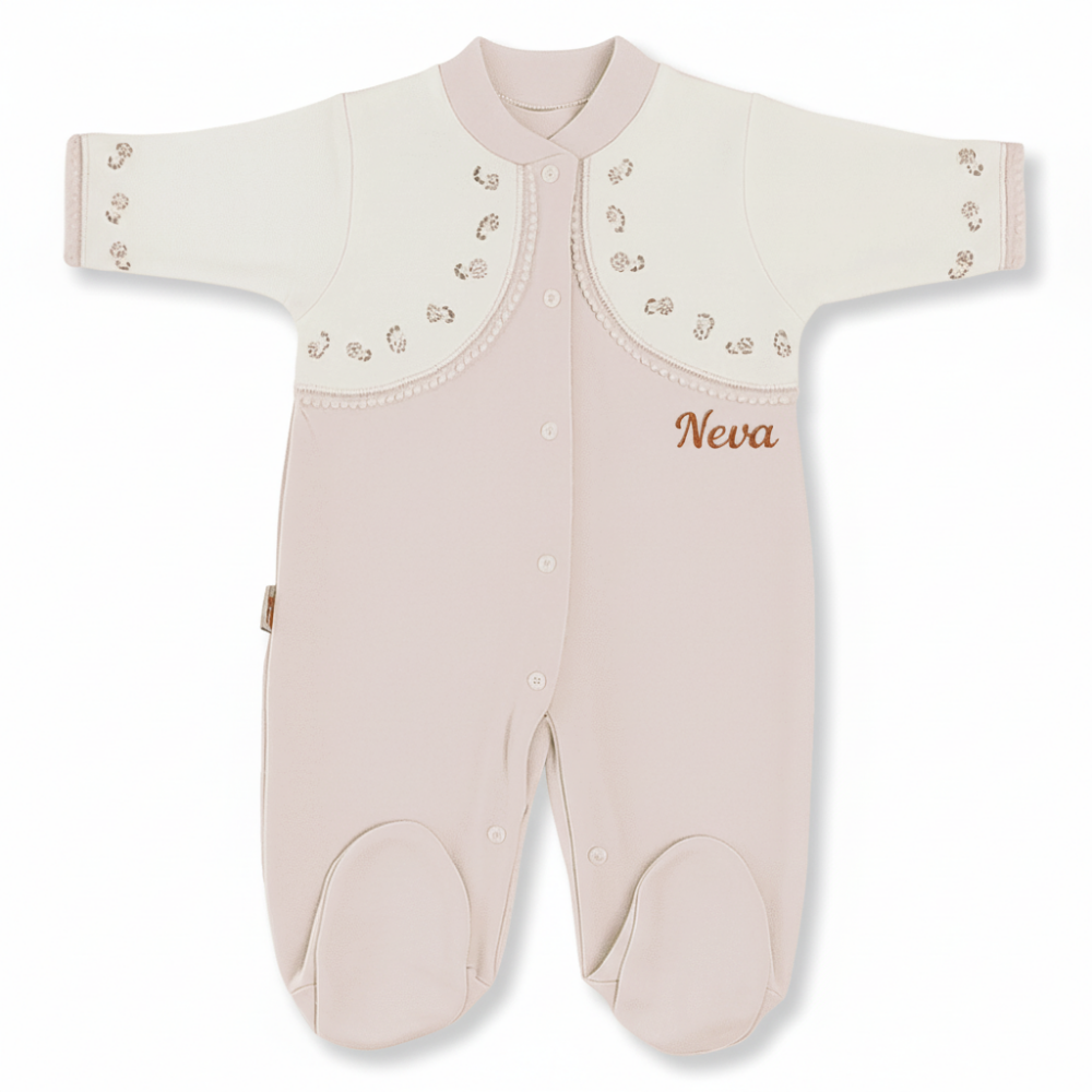 Kır Çiçeği Desenli İsme Özel Nakışlı Pembe Beyaz Bebek Tulumu 0-3 Ay - 3