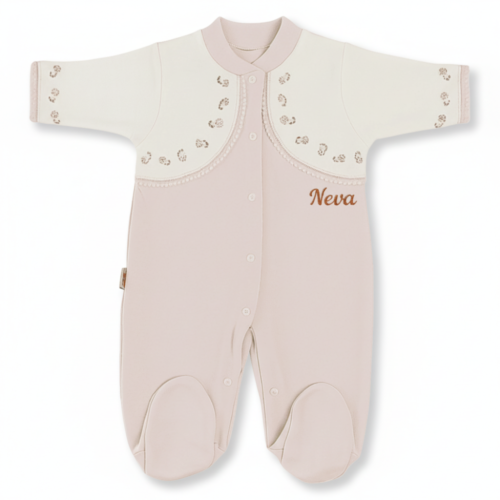 Kır Çiçeği Desenli İsme Özel Nakışlı Pembe Beyaz Bebek Tulumu 3-6 Ay - 3