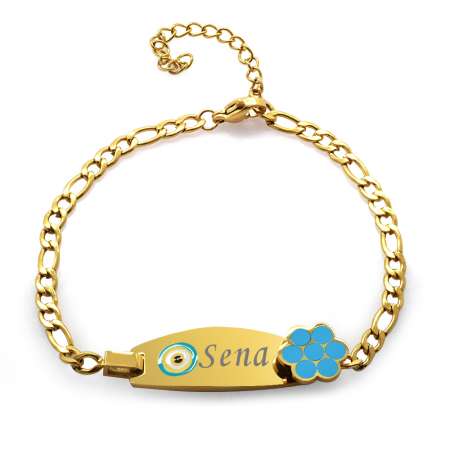 Nazar Boncuğu Detaylı Altın Renk Kişiye Özel İsim Yazılı Çelik Kadın Bileklik - Tesbihane