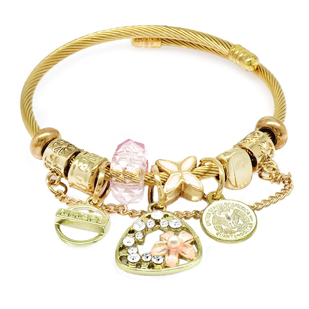 Kır Çiçeği Detaylı Pandora Tasarım Altın Renk Çelik Kadın Sallantılı Bileklik - 1