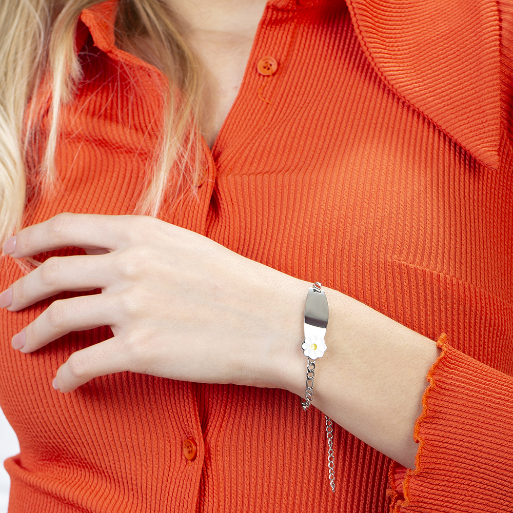 Papatya Detaylı Gümüş Renk Kişiye Özel İsim Yazılı Çelik Kadın Bileklik - 3