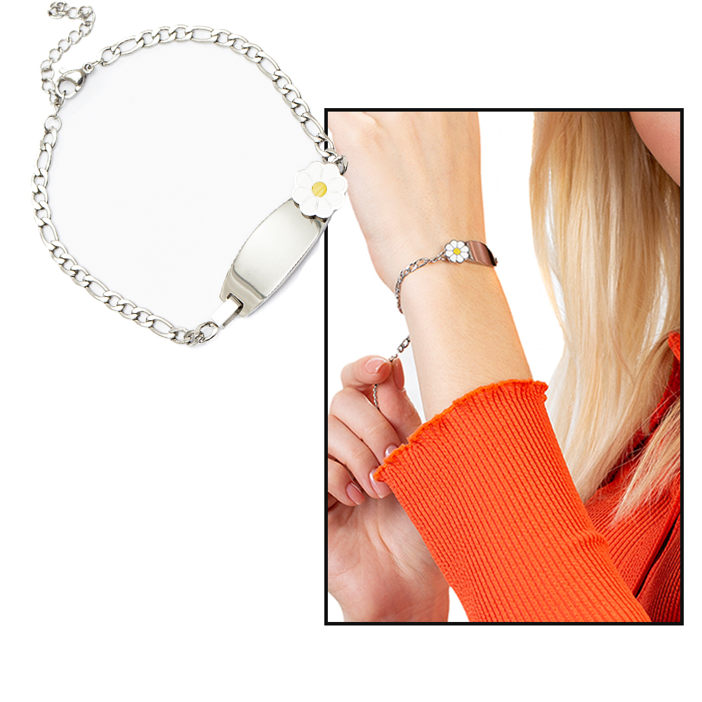 Papatya Detaylı Gümüş Renk Kişiye Özel İsim Yazılı Çelik Kadın Bileklik - 1