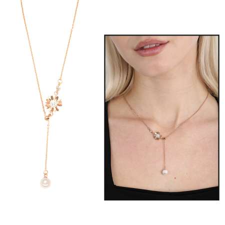 Kır Çiçeği Tasarım Zirkon Taşlı Rose Renk Çelik Kadın Kolye - Tesbihane