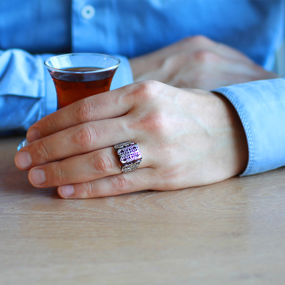 Kırmızı Akik Taşlı Kalem İşçilikli Anadolu Desen Temalı 925 Ayar Gümüş Erkek Yüzük - 2