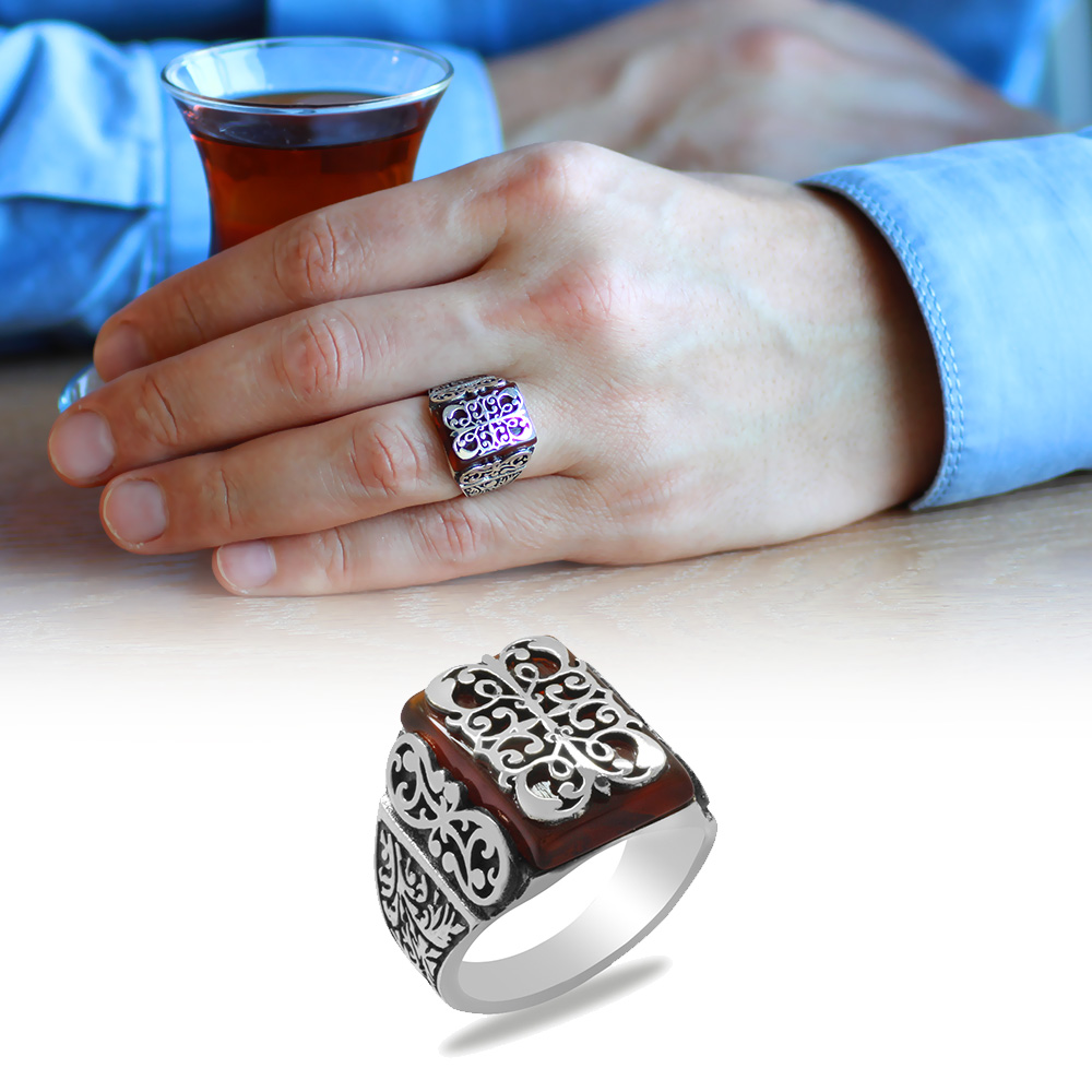 Kırmızı Akik Taşlı Kalem İşçilikli Anadolu Desen Temalı 925 Ayar Gümüş Erkek Yüzük - 1