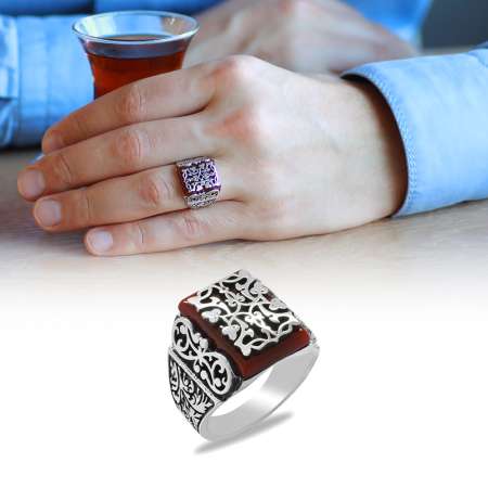 Kırmızı Akik Taşlı Kalem İşçilikli Sarmaşık Desen Temalı 925 Ayar Gümüş Erkek Yüzük - Tesbihane