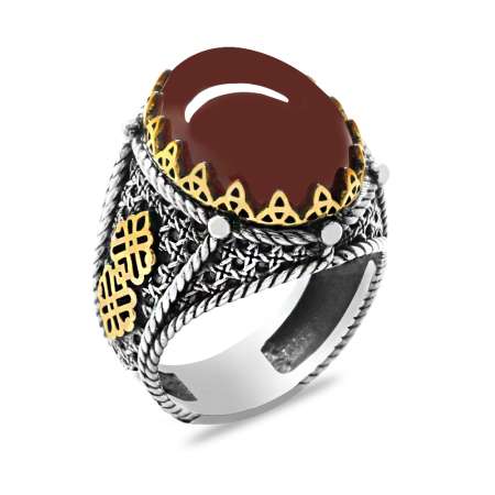 Kırmızı Akik Taşlı Kral Tacı Tasarım 925 Ayar Gümüş Erkek Yüzük - Tesbihane