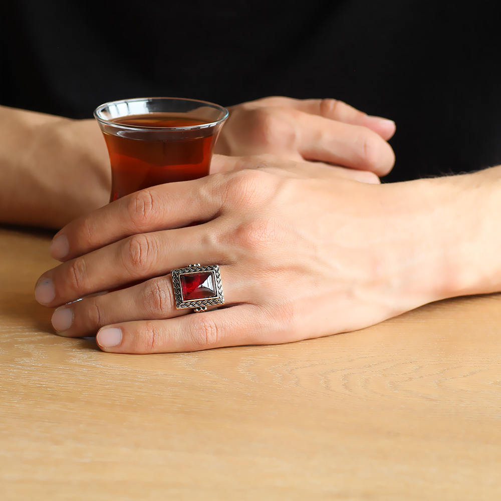 Kırmızı Ateş Kehribar Taşlı Dörtgen Tasarım 925 Ayar Gümüş Erkek Yüzük - 2