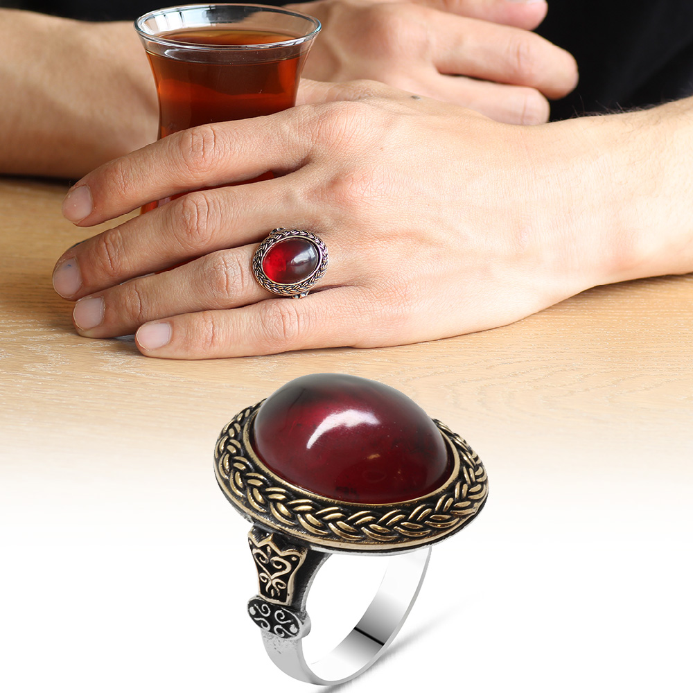 Kırmızı Ateş Kehribar Taşlı Oval Tasarım 925 Ayar Gümüş Erkek Yüzük - 1