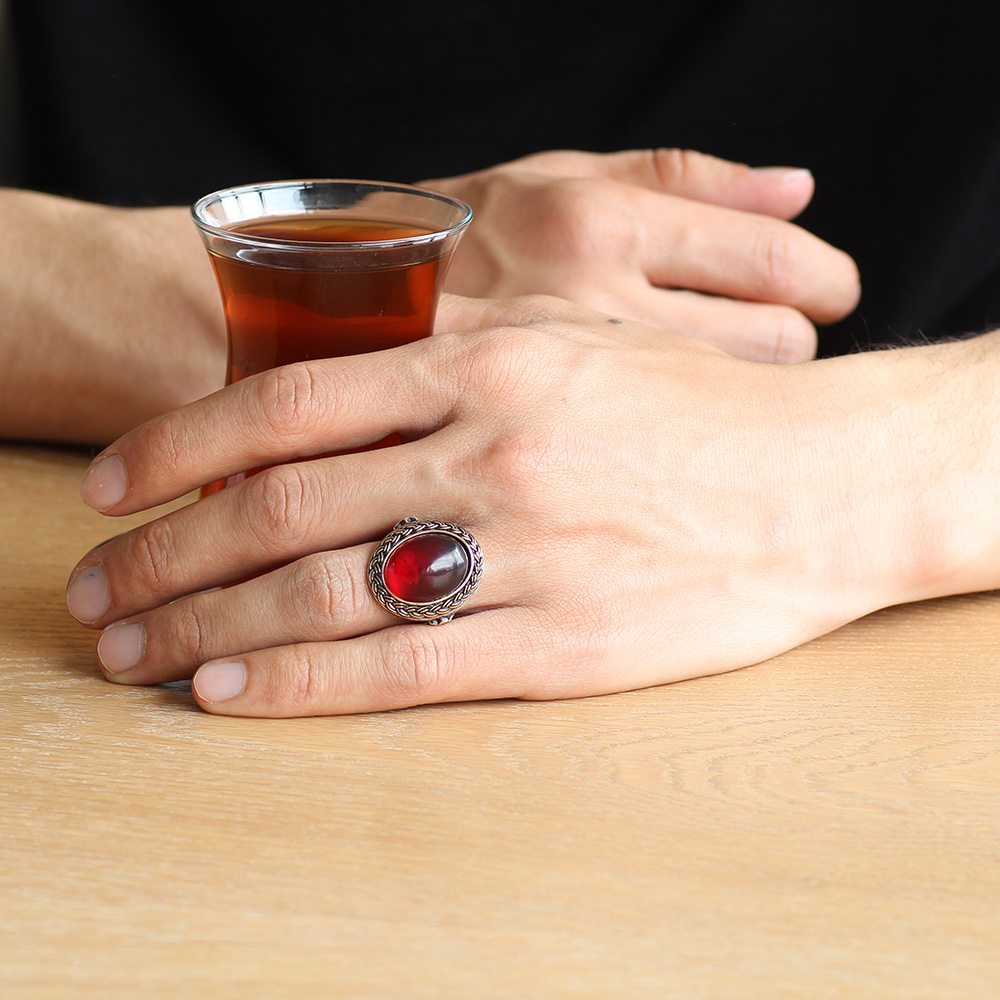 Kırmızı Ateş Kehribar Taşlı Oval Tasarım 925 Ayar Gümüş Erkek Yüzük - 2