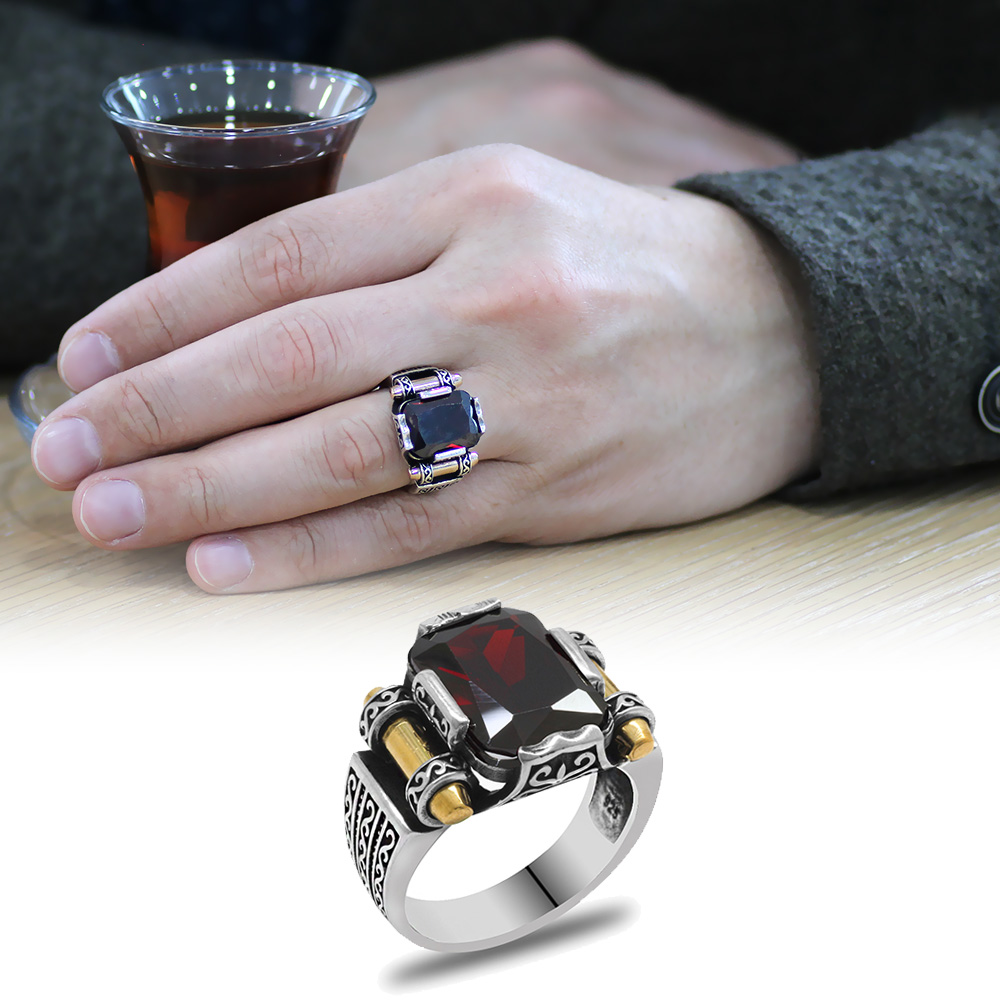 Kırmızı Baget Taşlı Avangarde Tasarım 925 Ayar Gümüş Şah Cihan Yüzük - 1