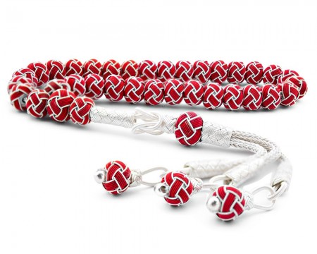 Kırmızı Beyaz Kazaz El Örmesi Bilek Boy Gümüş Tesbih - Tesbihane