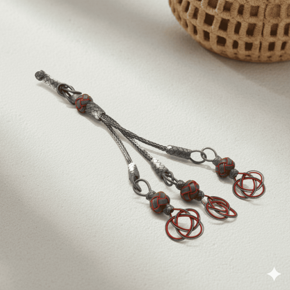 Kırmızı Eskitme Renk 1000 Ayar Gümüş 3 lü Kazaz Püskül - 1