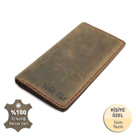 Kırmızı İpten Tamamı El Dikişi Kahve Crazy Dana Derisi Cüzdan - STOKYOK