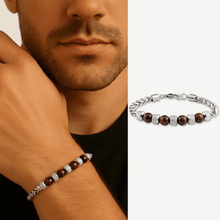 Kırmızı Kaplan Gözü ve Çelik Bileşim Uzunluk Ayarlanabilir Avangart Erkek Bileklik - Tesbihane