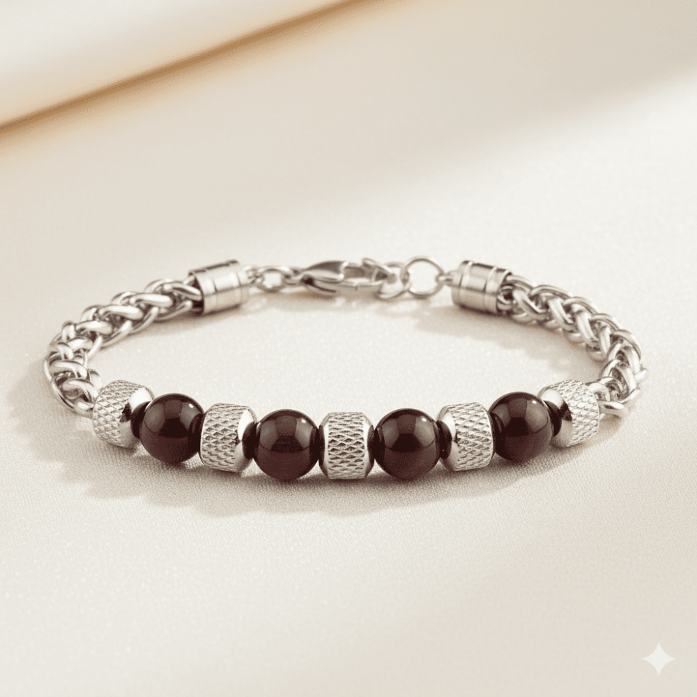 Kırmızı Kaplan Gözü ve Çelik Bileşim Uzunluk Ayarlanabilir Avangart Erkek Bileklik - 3