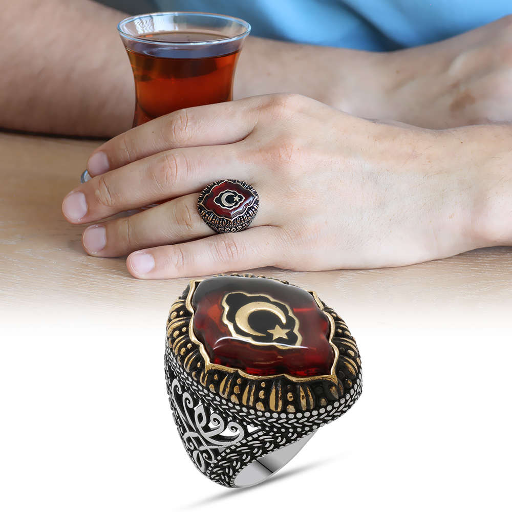 Kırmızı Kehribar İçine Ayyıldız İşlemeli 925 Ayar Gümüş Erkek Yüzük - 1