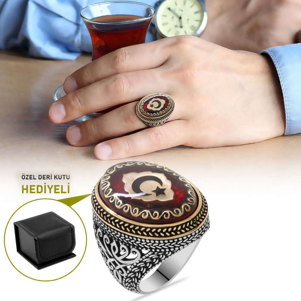 Kırmızı Kehribar İçine Ayyıldız İşlemeli 
