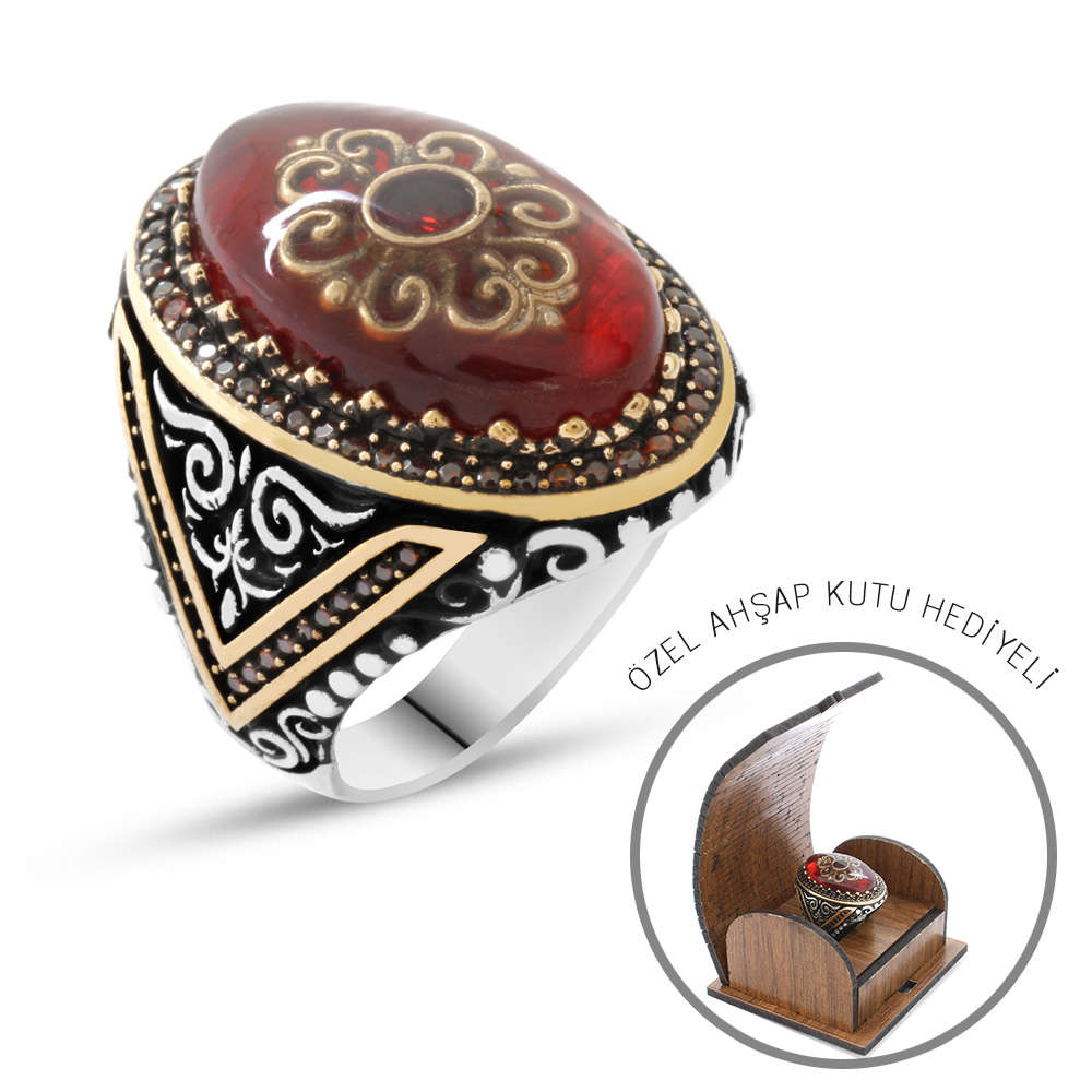 Kırmızı Kehribar İçine Kilim Deseni İşlemeli 925 Ayar Gümüş Erkek Yüzük - 3