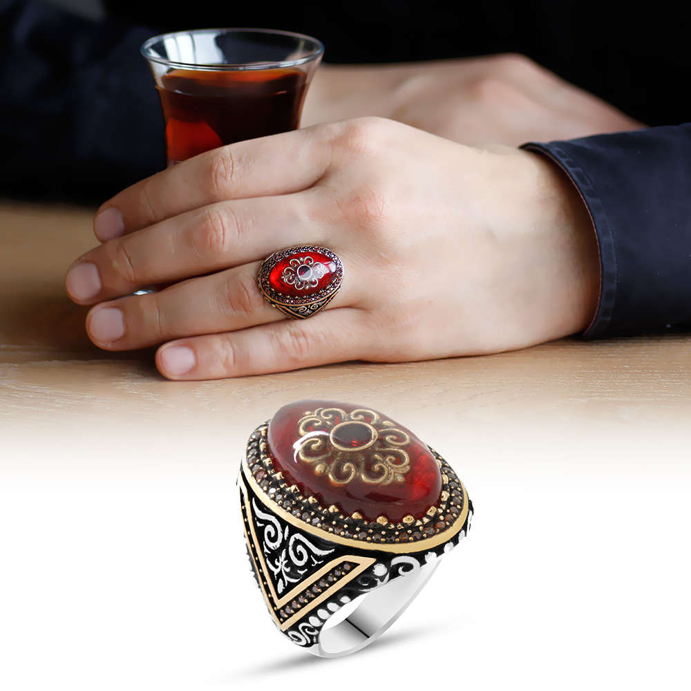 Kırmızı Kehribar İçine Kilim Deseni İşlemeli 925 Ayar Gümüş Erkek Yüzük - 1
