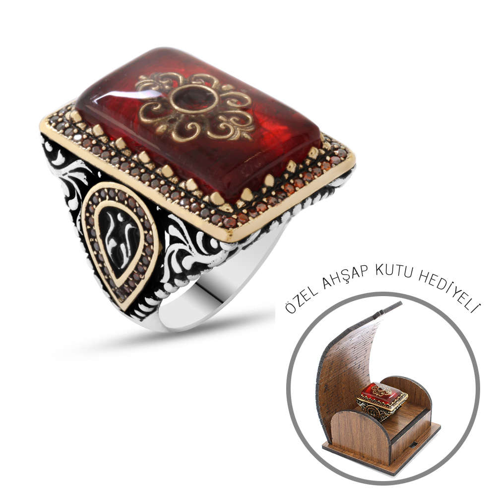 Kırmızı Kehribar İçine Kilim Deseni İşlemeli Lale Detaylı 925 Ayar Gümüş Erkek Yüzük - 3