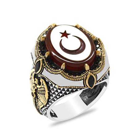 Kırmızı Kehribar Üzerine Ayyıldız Desenli Çift Başlı Kartal Detaylı 925 Ayar Gümüş Erkek Yüzük - Tesbihane