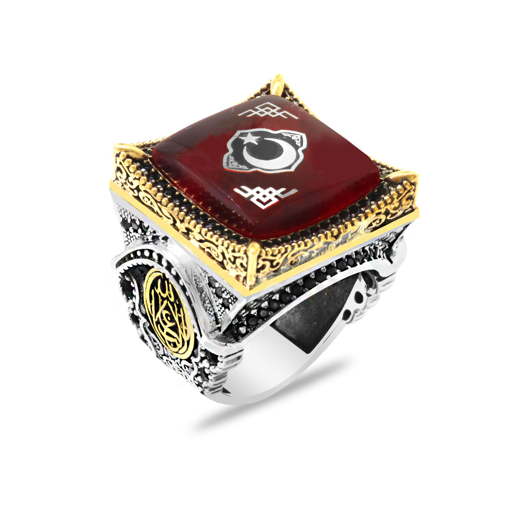 Kırmızı Kehribar Taş Üzerine Ayyıldız Desenli La Galibe İllah Yazılı 925 Ayar Gümüş Erkek Yüzük - 1