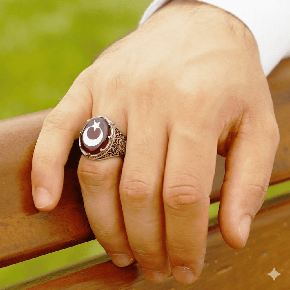 Kırmızı Kehribar Üzerine Ayyıldız Desenli Kral Tacı Detaylı Oval Tasarım 925 Ayar Gümüş Erkek Yüzük - 2