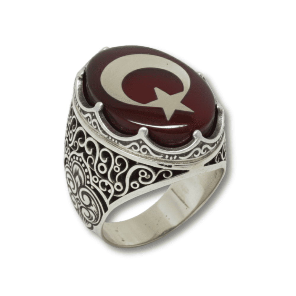 Kırmızı Kehribar Üzerine Ayyıldız Desenli Kral Tacı Detaylı Oval Tasarım 925 Ayar Gümüş Erkek Yüzük - 3