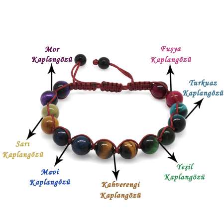 Kırmızı Makrome Örgülü Küre Kesim Çoklu Kaplan Gözü Doğaltaş Kombinli Kadın Enerji Bilekliği - Tesbihane