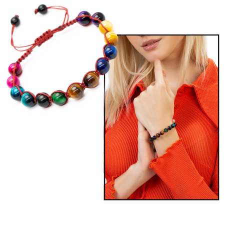 Kırmızı Makrome Örgülü Küre Kesim Çoklu Kaplan Gözü Doğaltaş Kombinli Kadın Enerji Bilekliği - Tesbihane