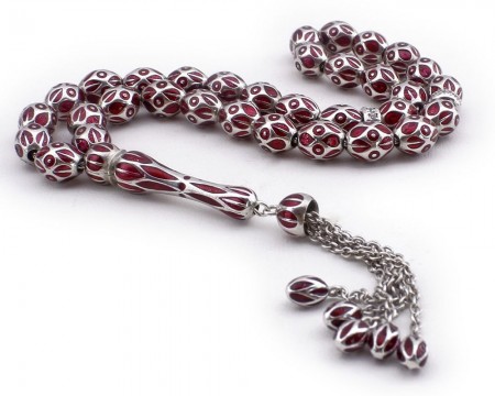 Kırmızı Mineli 925 Ayar Gümüş Tesbih - Tesbihane