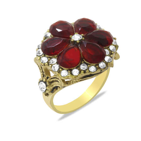 Kırmızı Multi Zirkon Taşlı Çiçek Tasarım Bronz Kadın Yüzük - Tesbihane