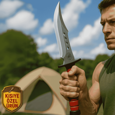 Kırmızı Polimer Saplı İsme Özel Yazılı Ck75 / St60 Kalite Paslanmaz Çelik Outdoor Bıçak - Tesbihane