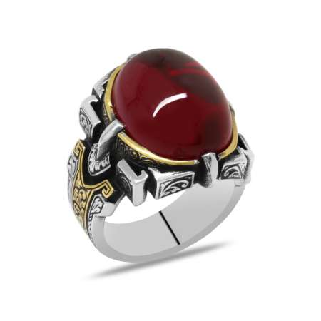 Kırmızı Ruby Taşlı Kalem İşçilik Tasarım 925 Ayar Gümüş Erkek Yüzük - Tesbihane