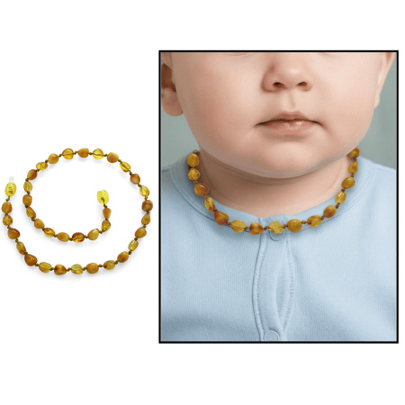 Bal Rengi Hareli Doğal Damla Kehribar Taşlı Bebek Diş Kolyesi - Tesbihane