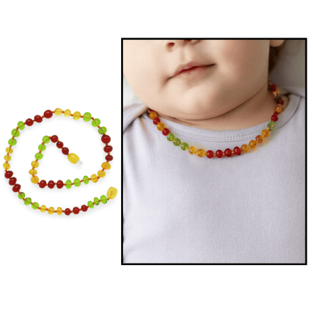 Kırmızı Sarı Renkli Özel Seri Naturel Damla Kehribar Taşlı Bebek Diş Kolyesi - Tesbihane