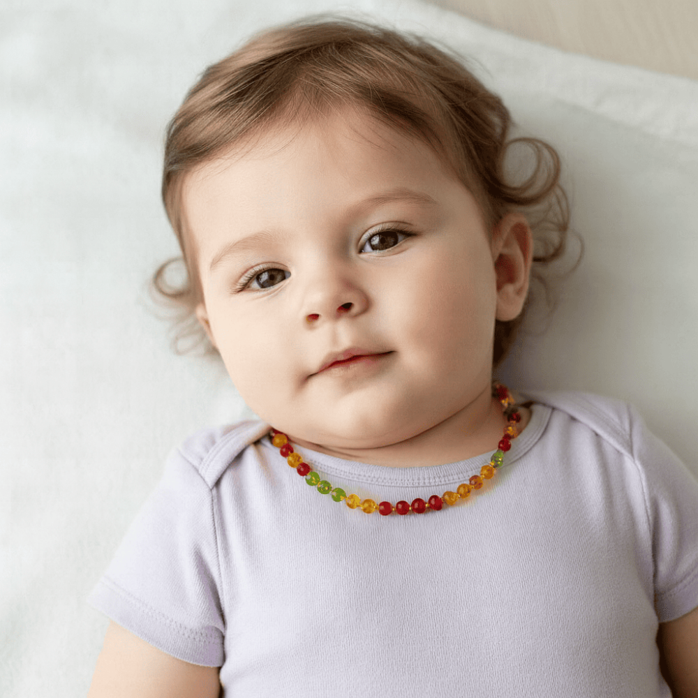 Kırmızı Sarı Renkli Özel Seri Naturel Damla Kehribar Taşlı Bebek Diş Kolyesi - 2