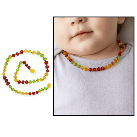 Kırmızı Sarı Renkli Şık Kutulu Özel Seri Naturel Damla Kehribar Taşlı Bebek Diş Kolyesi - Tesbihane