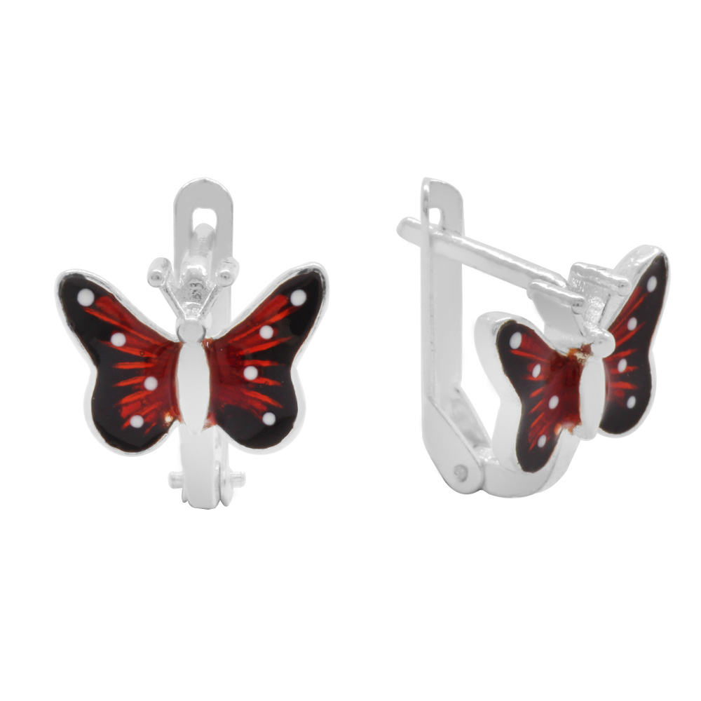 Kırmızı - Siyah Mineli Kelebek Tasarım 925 Ayar Gümüş Çocuk Küpe - 2