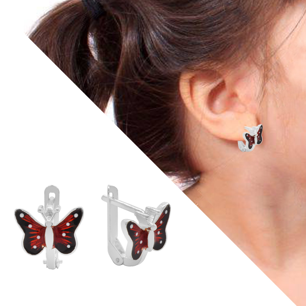Kırmızı - Siyah Mineli Kelebek Tasarım 925 Ayar Gümüş Çocuk Küpe - 1